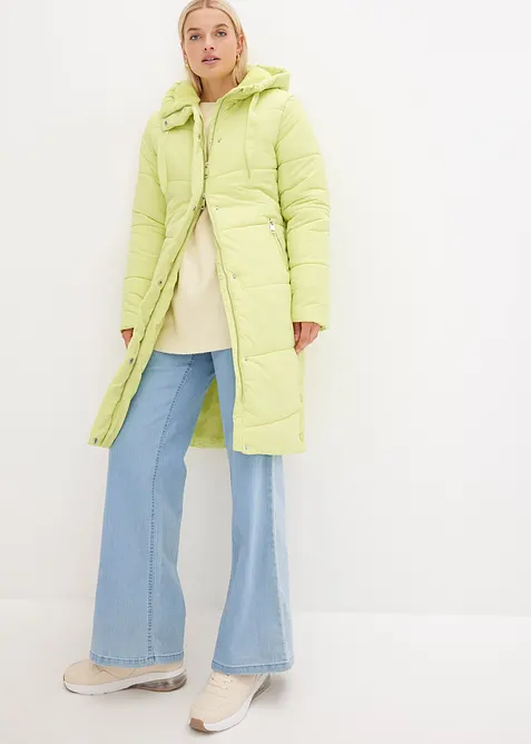 Lange gewatteerde jas met teddy voering in de capuchon, bonprix