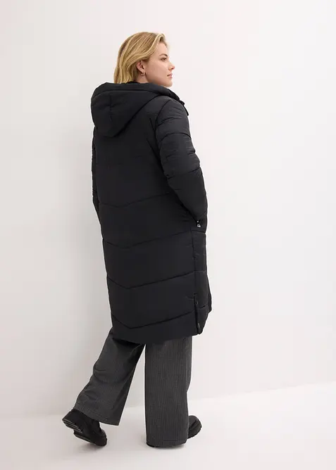 Lange gewatteerde jas met teddy voering in de capuchon, bonprix