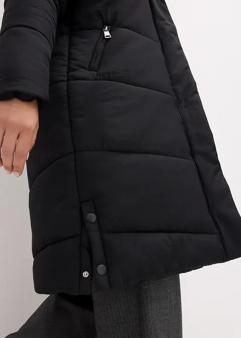 Lange gewatteerde jas met teddy voering in de capuchon, bonprix