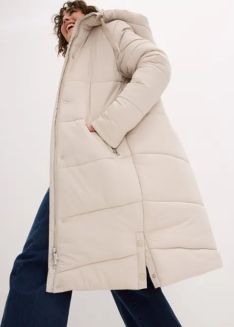 Lange gewatteerde jas met teddy voering in de capuchon, bonprix