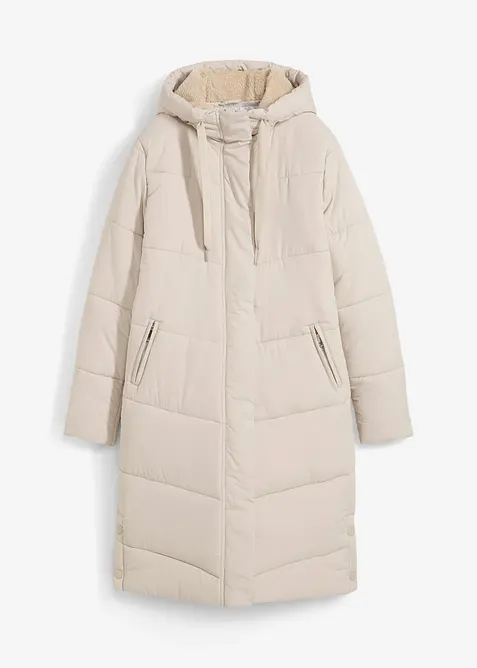 Lange gewatteerde jas met teddy voering in de capuchon, bonprix
