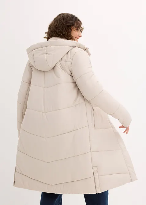 Lange gewatteerde jas met teddy voering in de capuchon, bonprix