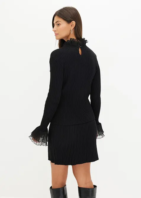 Fijn gebreide longsleeve met chiffon volants, bonprix