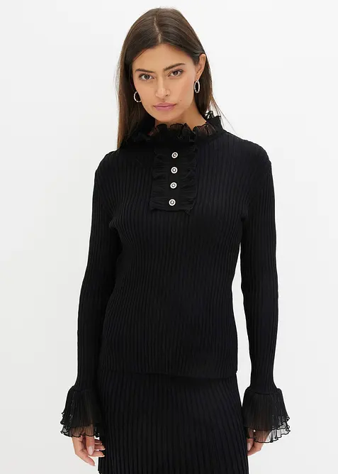 Fijn gebreide longsleeve met chiffon volants, bonprix