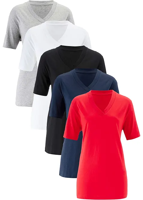 Wijd longshirt met V-hals, korte mouw  (set van 5), bonprix