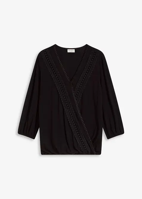 Shirt met 3/4 mouwen en kant in een wikkelllook, bonprix