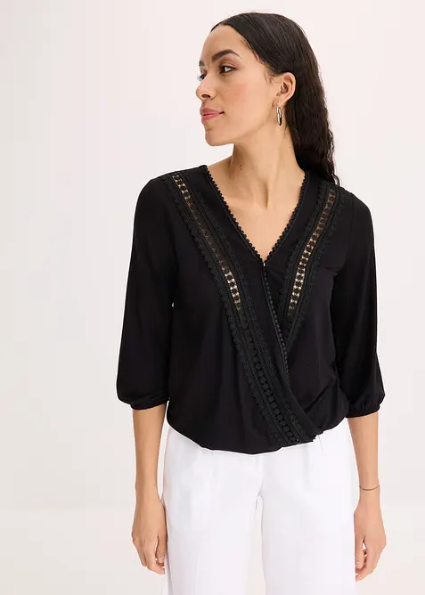 Shirt met 3/4 mouwen en kant in een wikkelllook, bonprix