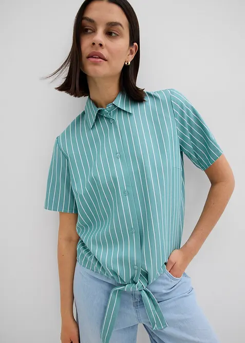 Gestreepte blouse met korte mouwen en opvallende knoop, bonprix