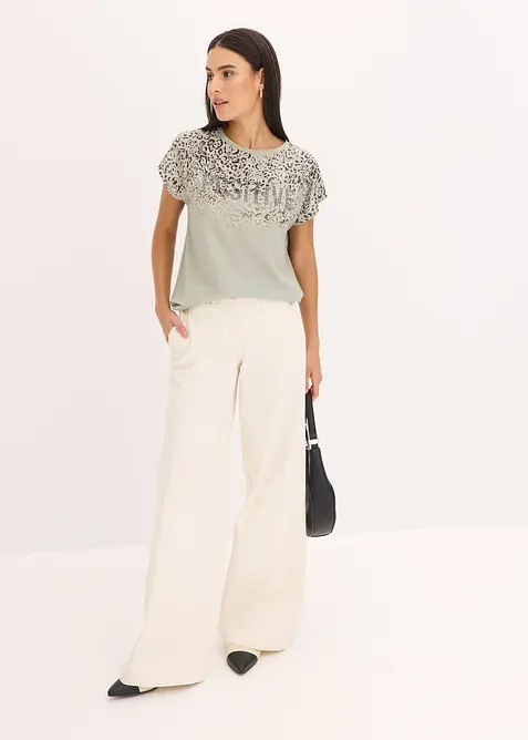 Shirt met geweven inzetstuk en glinsterende steentjes, bonprix