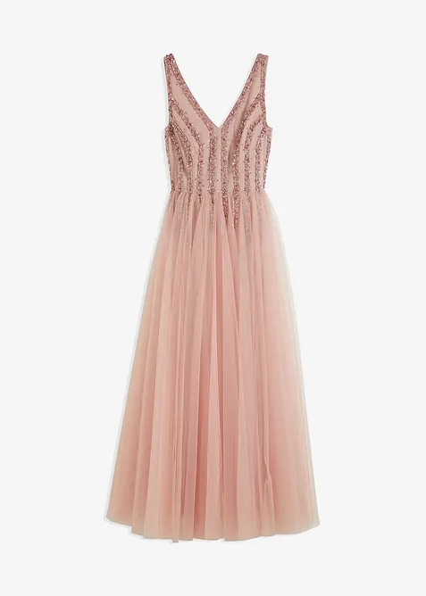 Maxi jurk van fijne tule met paillettenborduursel, bonprix