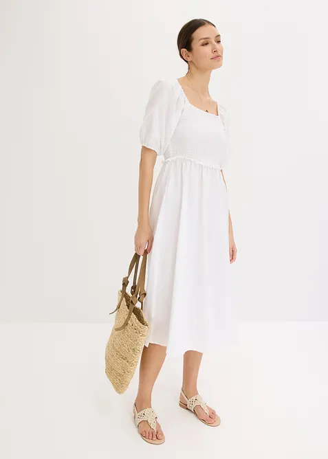 Midi jurk met pofmouwen en gesmokt detail, bonprix