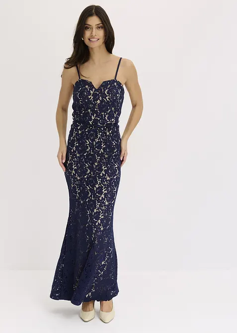 Kanten maxi jurk met spaghettibandjes en satijnen lint, bonprix