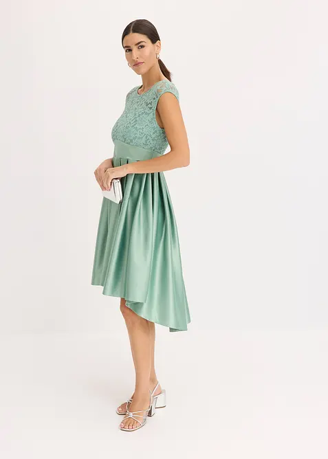 High-low jurk van glanzend satijn met kant, bonprix