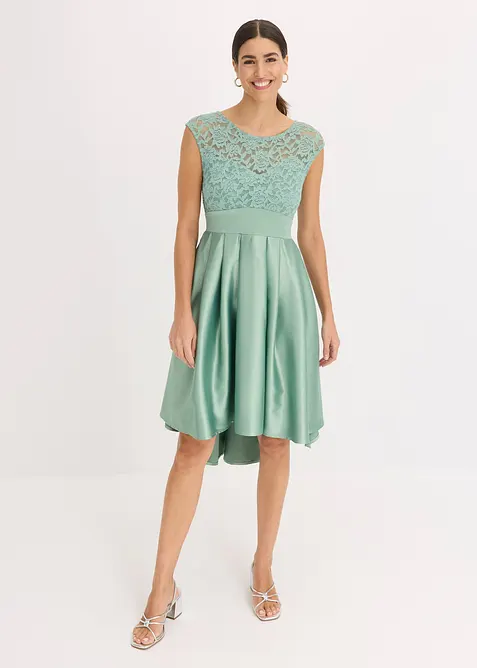 High-low jurk van glanzend satijn met kant, bonprix