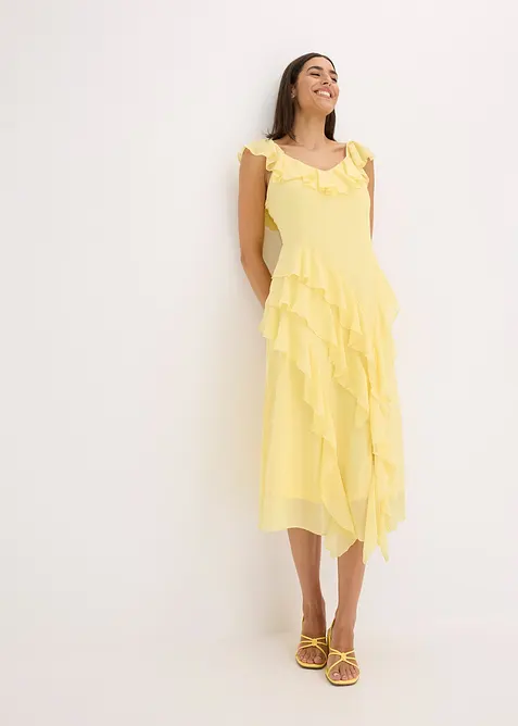 Maxi chiffon jurk met bandjes en volants, bonprix