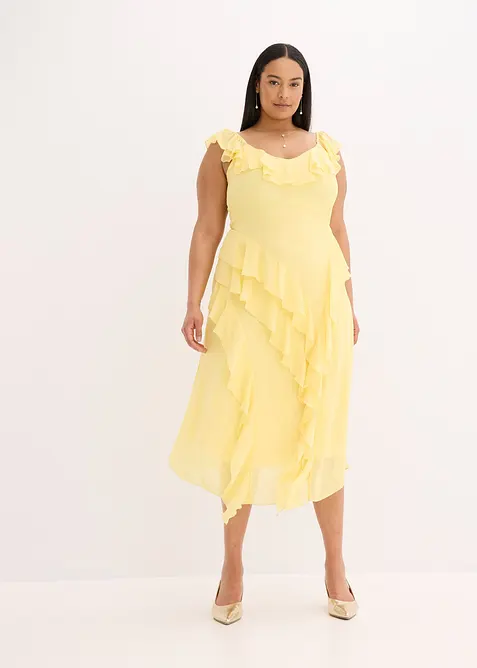 Maxi chiffon jurk met bandjes en volants, bonprix
