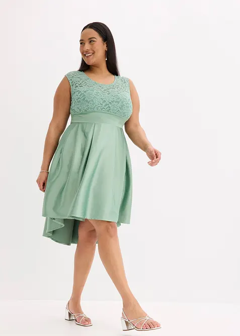 High-low jurk van glanzend satijn met kant, bonprix