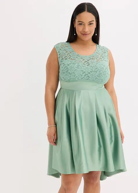 High-low jurk van glanzend satijn met kant, bonprix