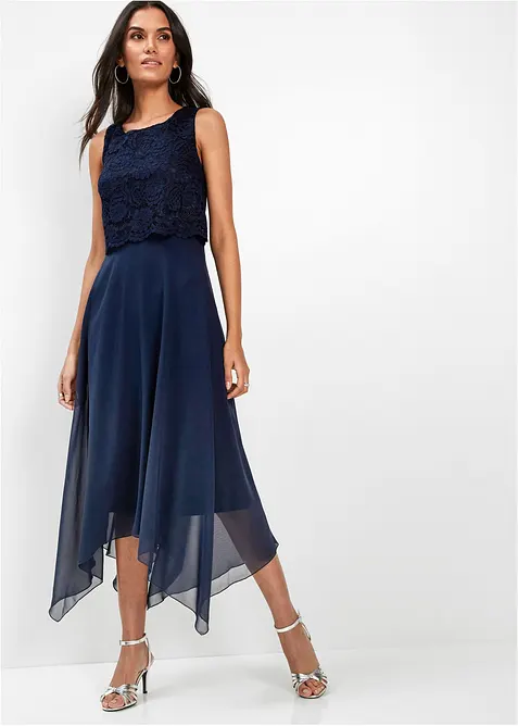 Premium chiffon midi jurk met kant, bonprix