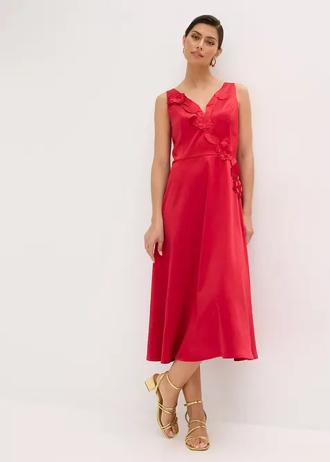 Midi jurk van glanzend satijn met bloemenapplicatie, bonprix