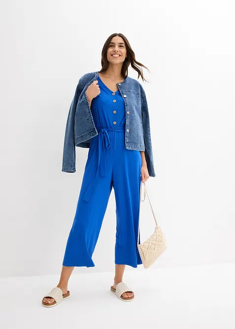Jersey jumpsuit met V-hals, korte mouw, bonprix