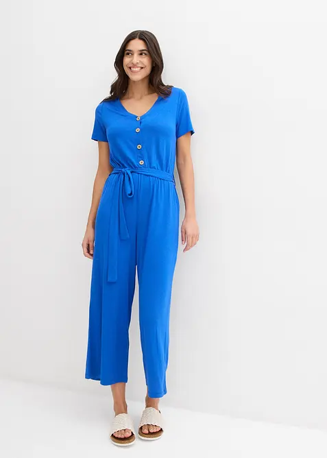 Jersey jumpsuit met V-hals, korte mouw, bonprix