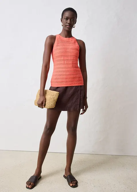 Gebreide ajour top met linnen, bonprix