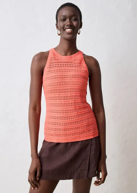 Gebreide ajour top met linnen, bonprix