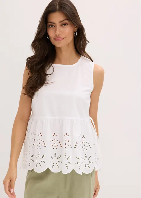 Mouwloze bloes met split en oogjesborduursel, bonprix