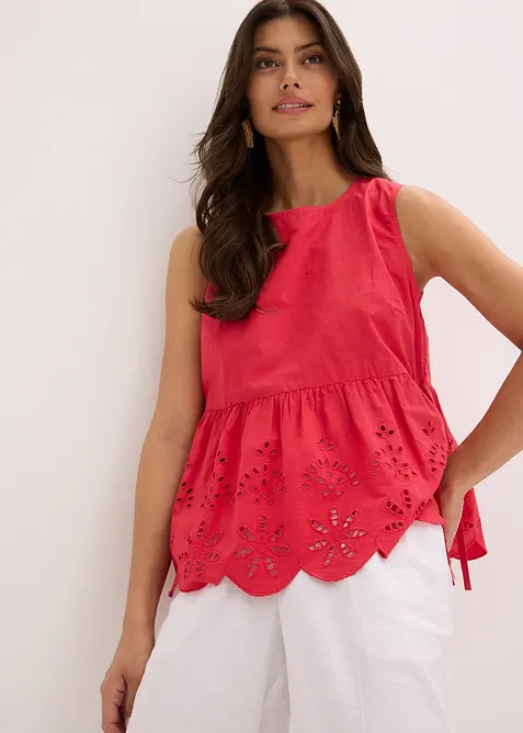 Mouwloze bloes met split en oogjesborduursel, bonprix