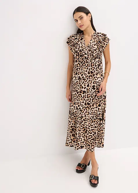 Midi jurk met volants van gestructureerde cr&ecirc;pe, bonprix