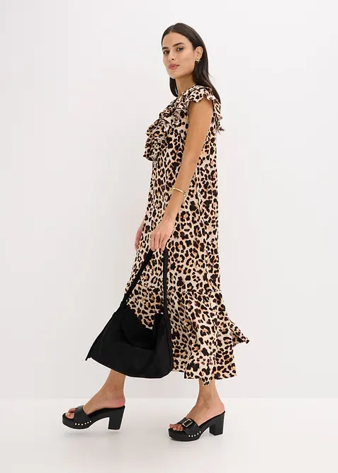 Midi jurk met volants van gestructureerde cr&ecirc;pe, bonprix