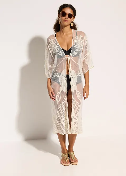 Transparante strandkimono met kant, bonprix