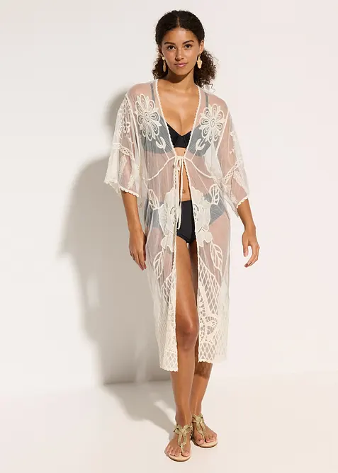 Transparante strandkimono met kant, bonprix