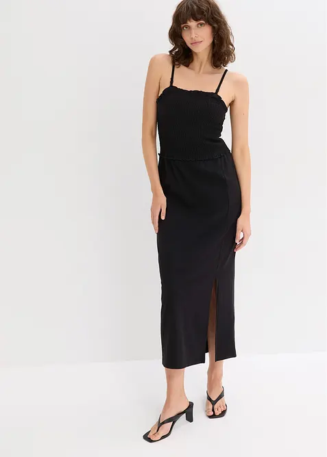 Midi-jurk van stevige jersey met smokinzet en split, bonprix