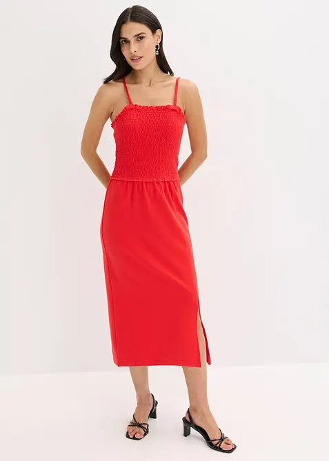 Midi-jurk van stevige jersey met smokinzet en split, bonprix