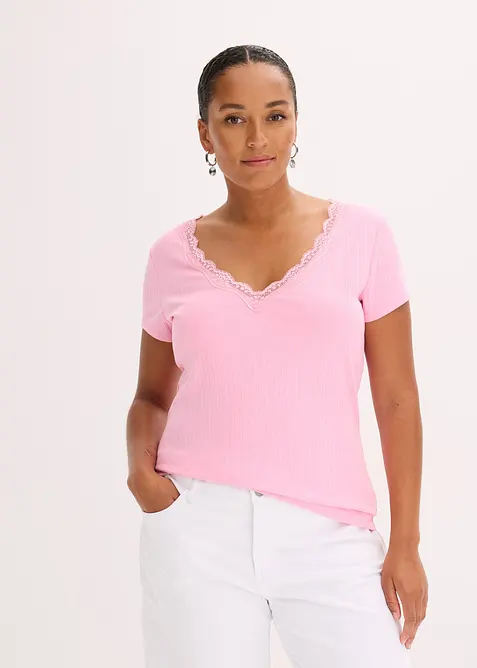 Geribd shirt met kanten detail (set van 2), bonprix