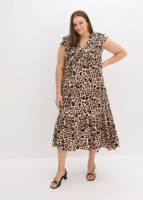 Midi jurk met volants van gestructureerde crêpe, bonprix