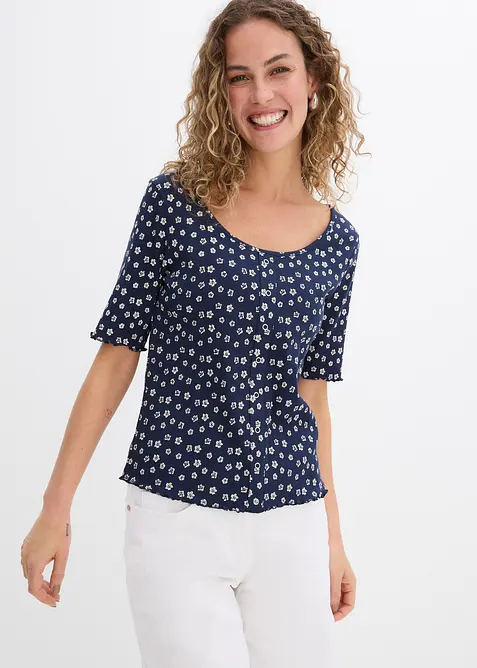 Geribd shirt met bloemenprint, halflange mouw, bonprix