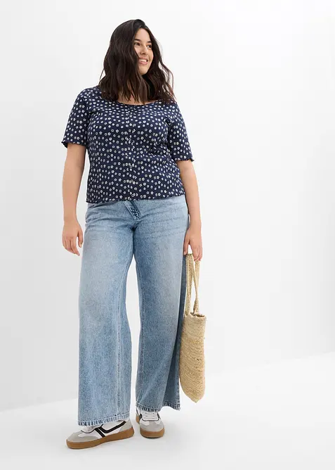 Geribd shirt met bloemenprint, halflange mouw, bonprix