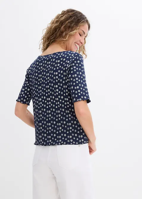 Geribd shirt met bloemenprint, halflange mouw, bonprix