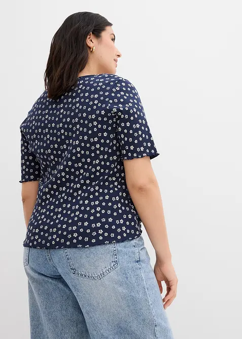 Geribd shirt met bloemenprint, halflange mouw, bonprix