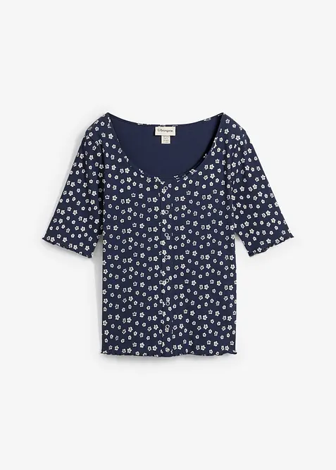 Geribd shirt met bloemenprint, halflange mouw, bonprix