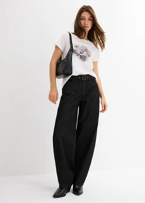 Barrel jeans mid waist met riem, bonprix