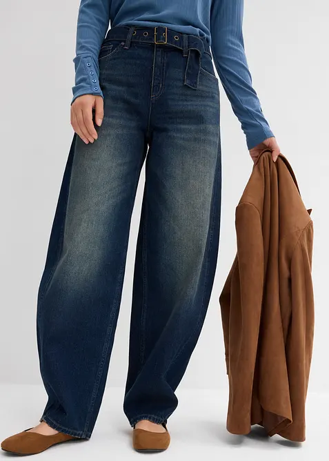 Barrel jeans mid waist met riem, bonprix