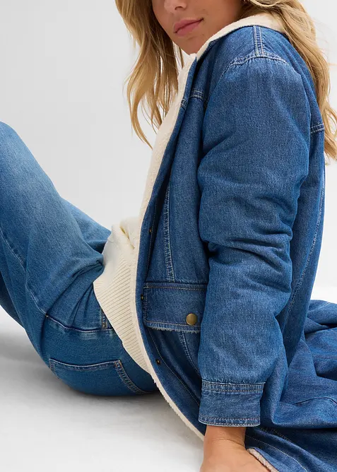 Lange spijkerjas met warme teddy voering voor de winter, bonprix