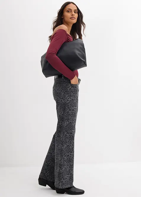 Wide leg twill broek met luipaardprint, bonprix