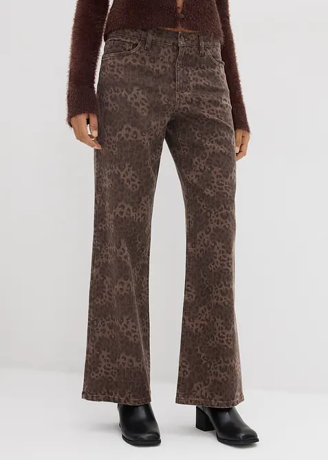 Wide leg twill broek met luipaardprint, bonprix