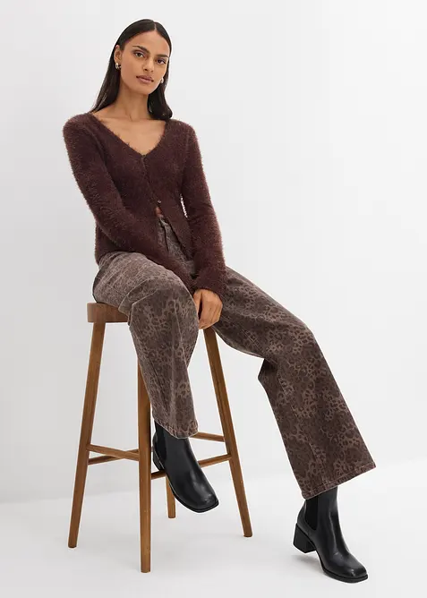 Wide leg twill broek met luipaardprint, bonprix