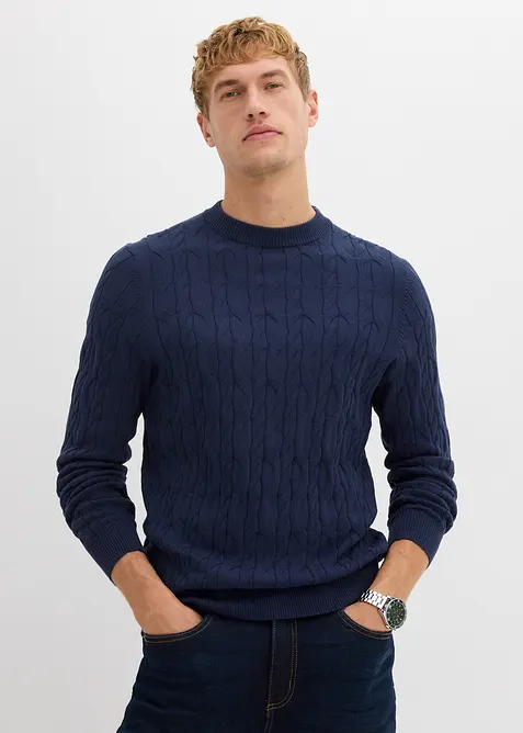 Grof gebreide trui met kabelpatroon van recyclebaar katoen, bonprix